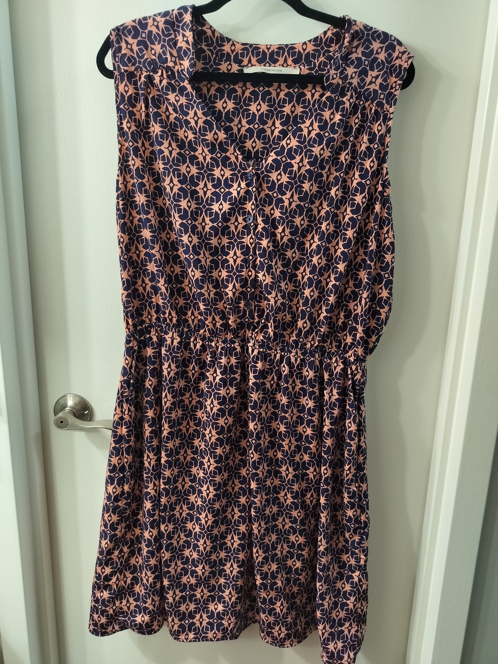 Sleeveless Navy and Peach Geometric Print Dress